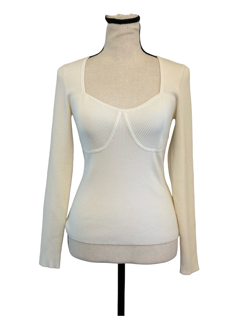 Madewell Ribbed Sweetheart Neck Knit Top White Long Sleeve Fitted Top Medium